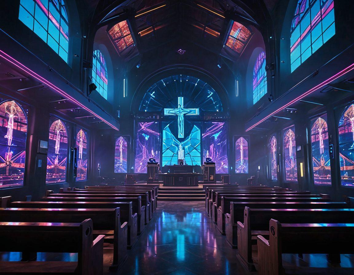 A futuristic church with digital holograms of worshippers kneeling before a transparent, floating pastor, all set in a serene, celestial cyber environment. The church has neon cross-shaped stained glass panels and virtual reality headsets adorning pews. Glowing digital scriptures float in the air. 3D, cyberpunk, vibrant colors.