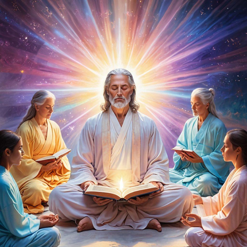 A serene and ethereal scene with a wise figure in flowing robes holding an illuminated book, surrounded by diverse people of different backgrounds in peaceful meditation, with rays of divine light shining down from above. In the background, a subtle blend of digital icons and symbols represents online ordination and ministry services. painting. soft pastels. spiritual aura.