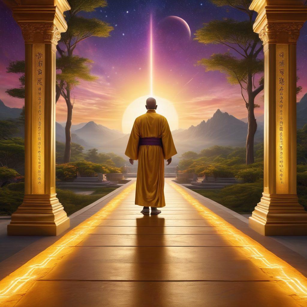 A serene, ethereal digital landscape intertwining with a golden pathway leading to a radiant online temple. At the end of the path, an illuminated clergy figure holding a digital scroll, symbolizing certification. Background filled with celestial lights and a sense of spiritual awakening. super-realistic. vibrant colors. heavenly glow.